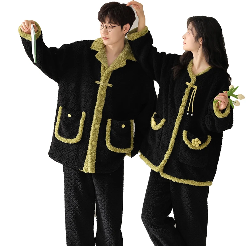 Newest Couple Pajamas Set Winter Women Men Warm Flannel Pijama Lovers Turn-down Collar Home Clothing