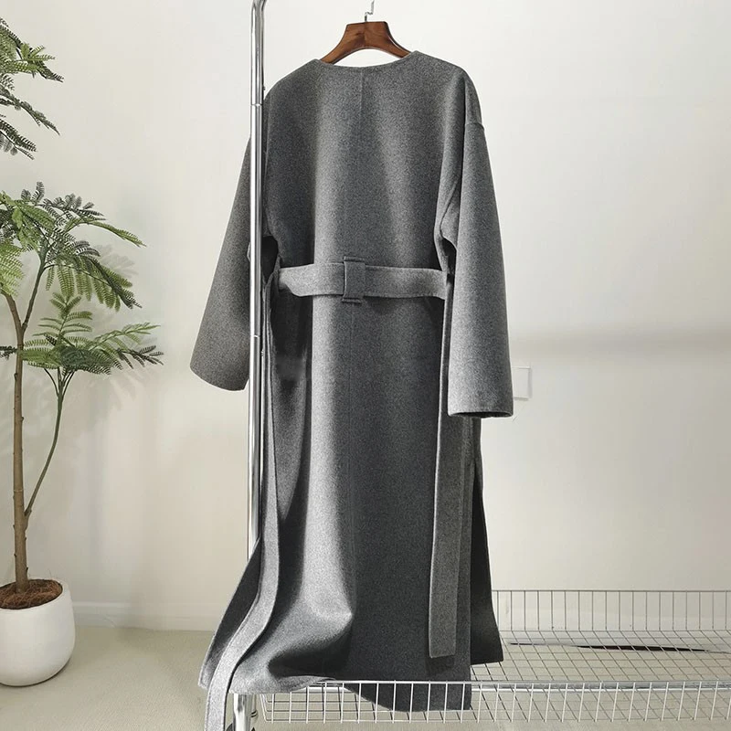 2024 New Autumn Winter Wool Coat Women O-Neck Woolen Coat Female Casual Gray Wool Coat Long Sleeve With Belt Long Overcoat