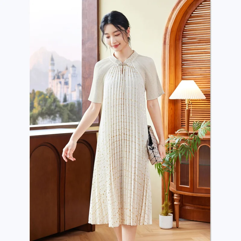 

Dress For Women 45-75kg Summer 2024 New Fashion Patchwork Stretch Miyake Pleated Loose A Line Elegant Dresses