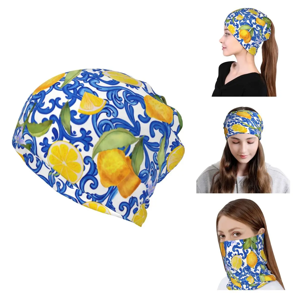 Custom Sicilian Blue Tiles Lemons Winter Skullies Beanies Cap Headband Neck Warmer Hiking Camping Tube Scarf Face Bandana Gaiter