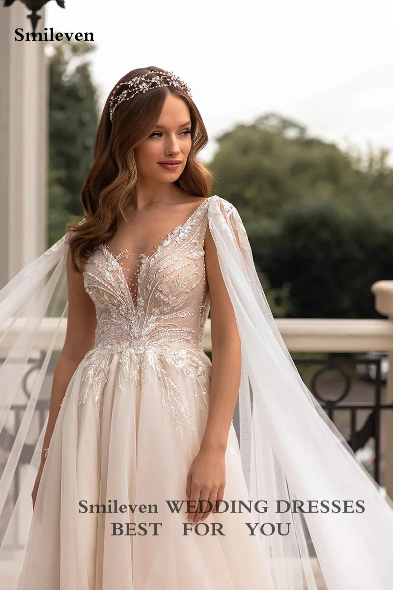 Smileven Champagne Wedding Dress With Shawl A Line V Neck Lace Bridal Gowns Side Split Backless Vestido De Noiva Wedding Gown