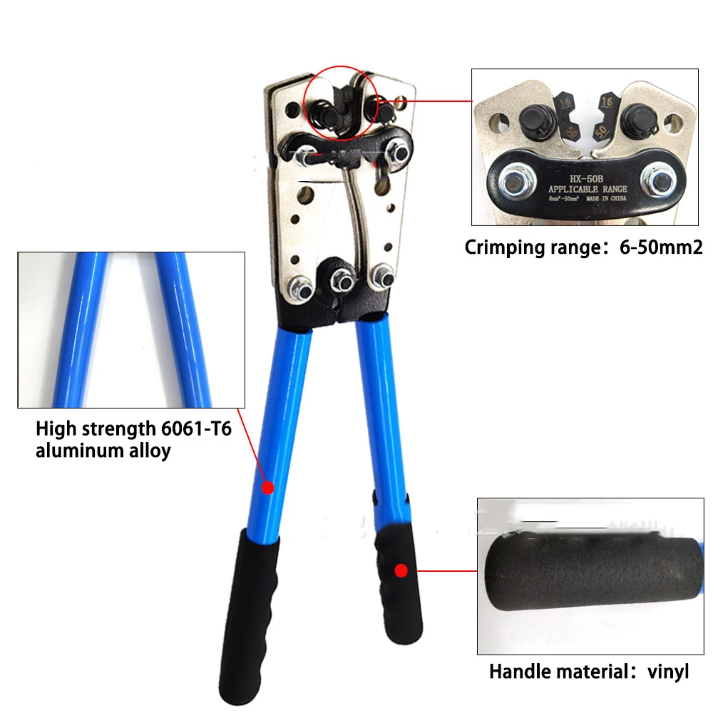 HX-50B Crimping Pliers Tube Terminal Crimper Hex Crimp Multitool Battery Cable Hand Tools Cold-press Terminal 6-50mm²/AWG22-10