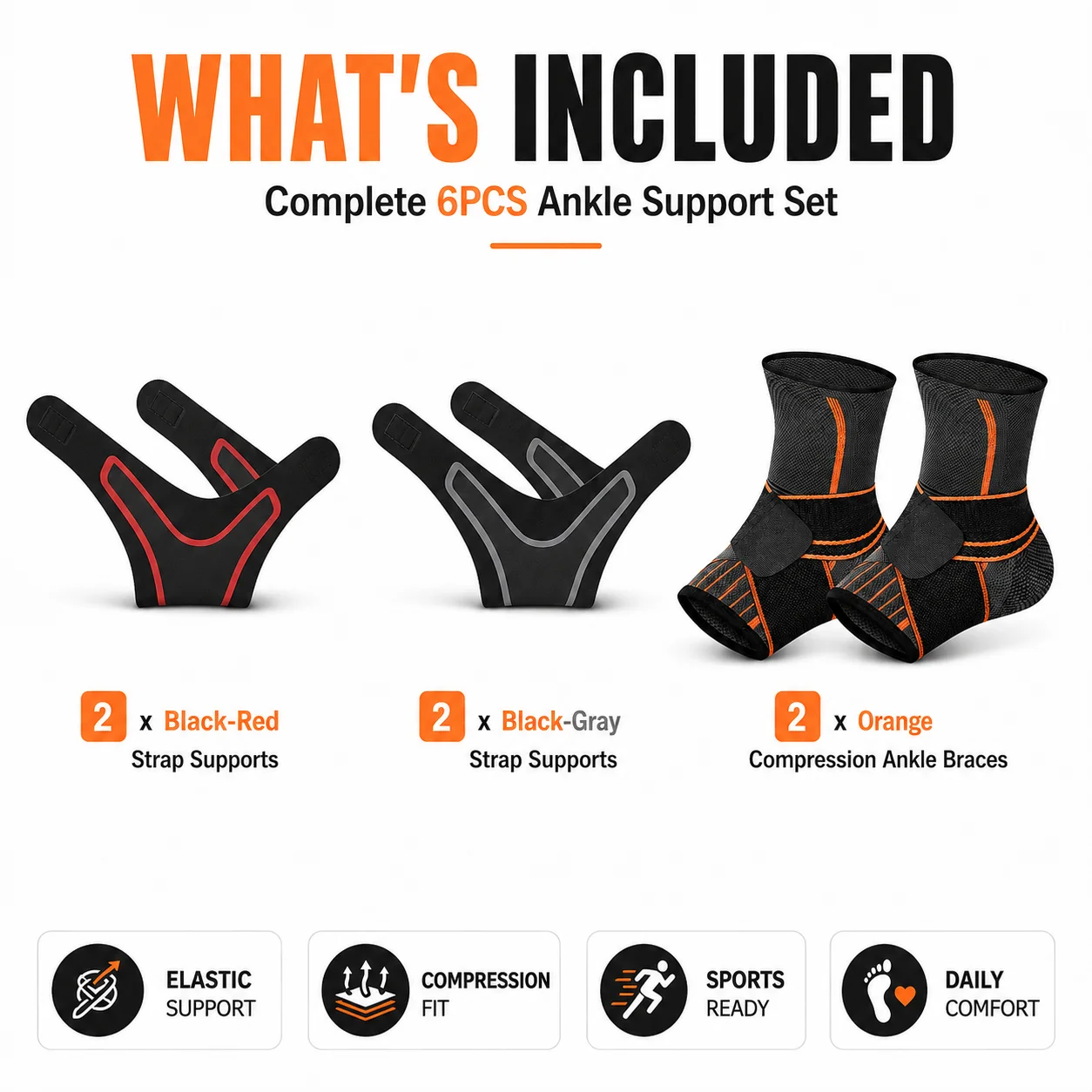 6PCS Ankle Support Combo Set, 2 Strap Wraps Black Red, 2 Black Gray, 2 Compression Braces for Sports Running Pain Relief Gym Use