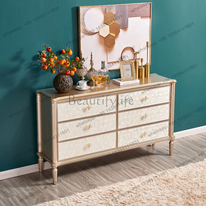 Light luxury natural shell solid wood six-chest cabinet champagne silver side cabinet