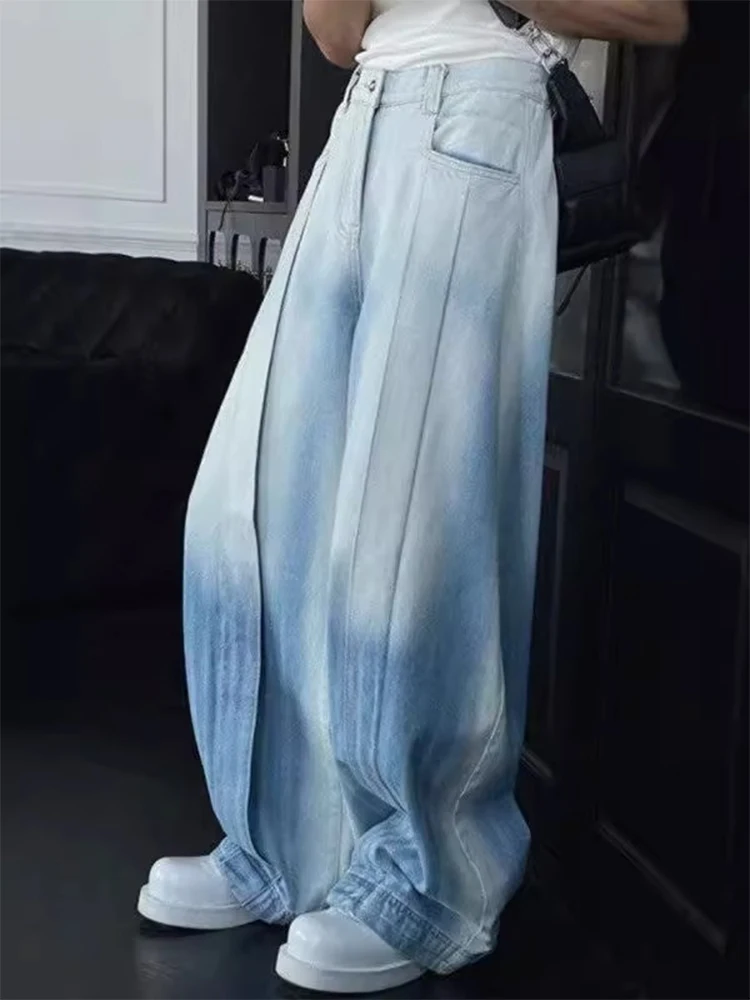 

Американские синие джинсы в стиле пэчворк для мужчин, летние, модные, с дизайнерским акцентом, свободные брюки в стиле BF, повседневные, с изогнутым кроем, модель «Bend Knife»