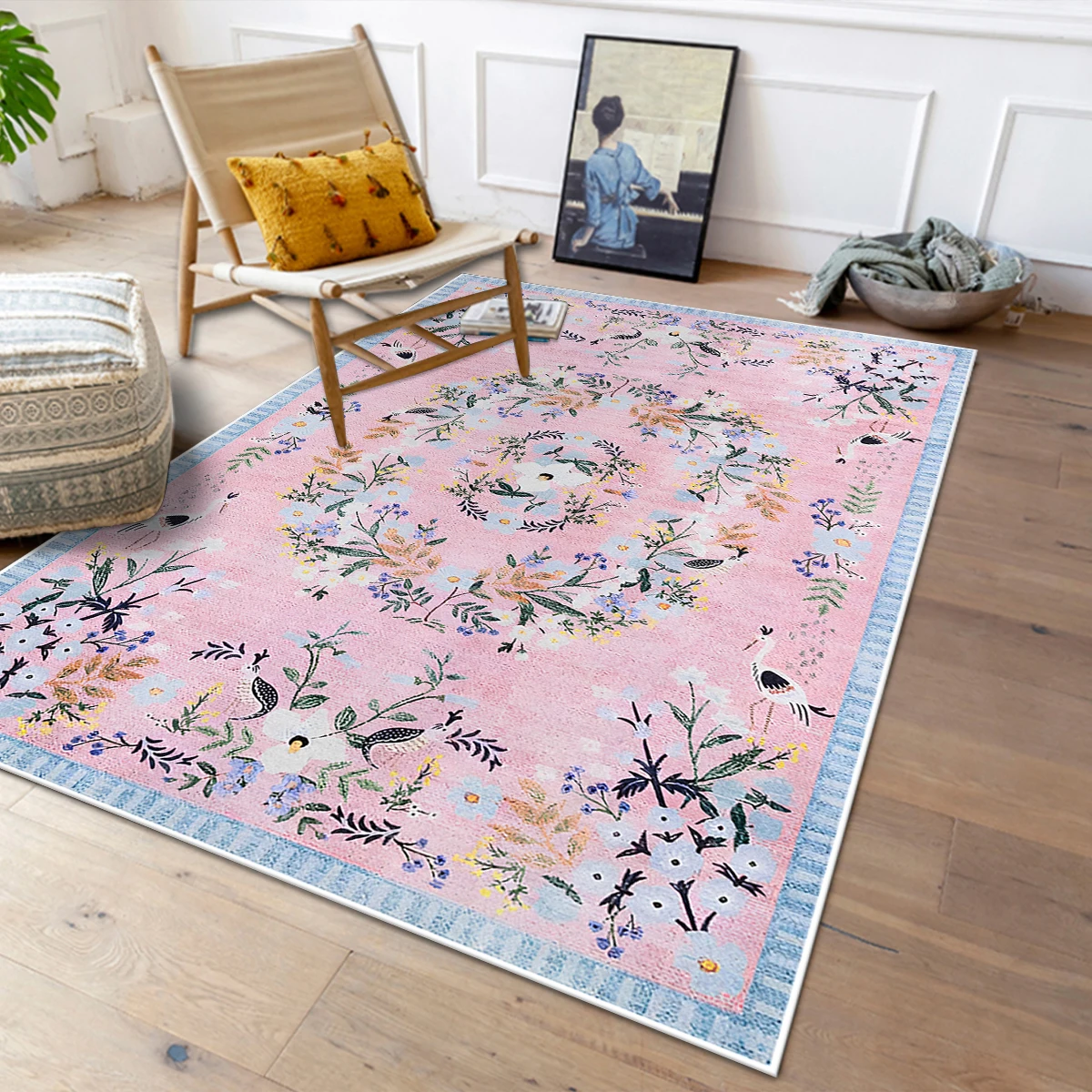 

Carpet for Living Room Home Decoration Pink Floral Rug Large Area Machine Washable Non-slip Floor Mat French Vintage Soft