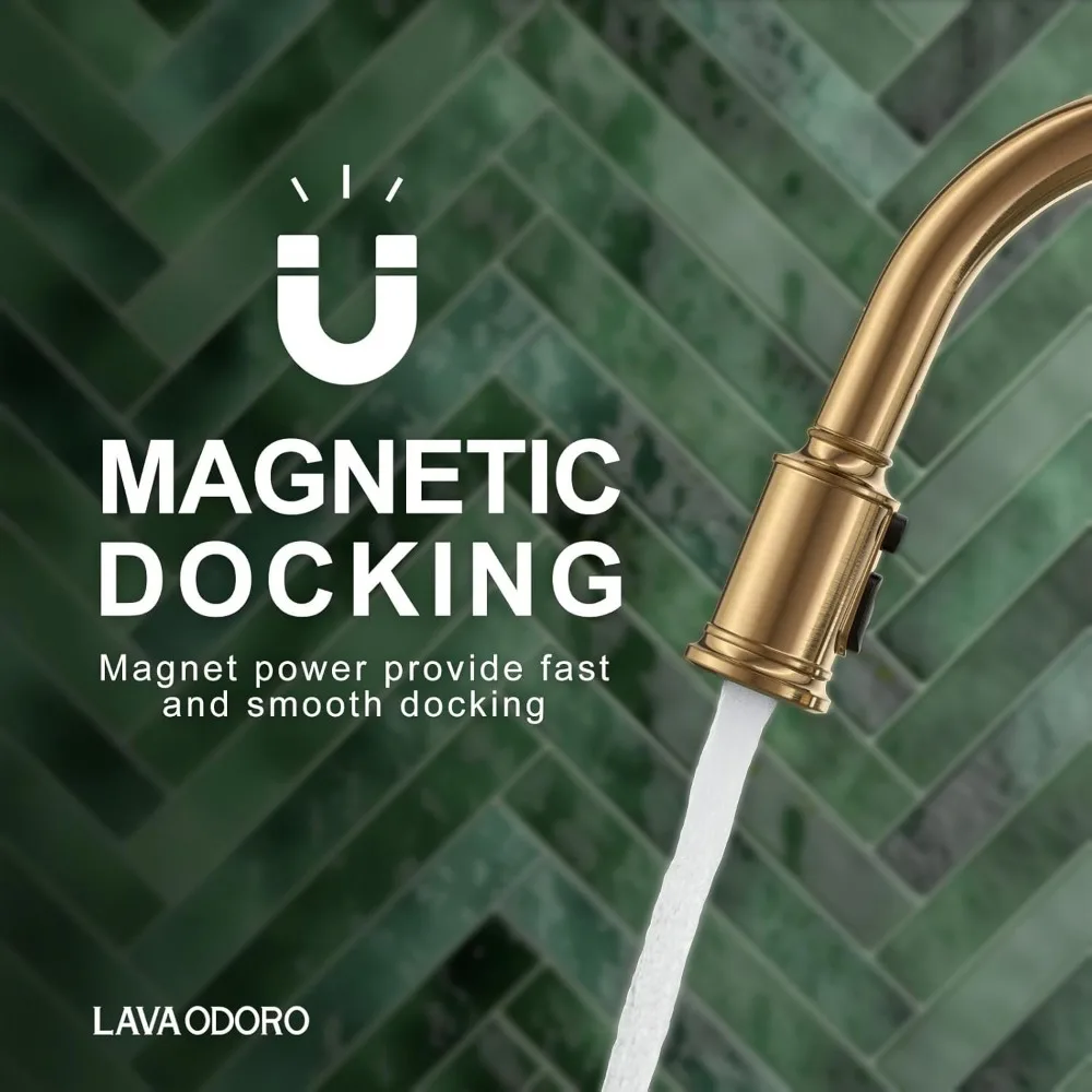 Ausziehbarer Küchenarmatur aus gebürsteter Bronze mit goldenem Spültischmischer und magnetischer Docking