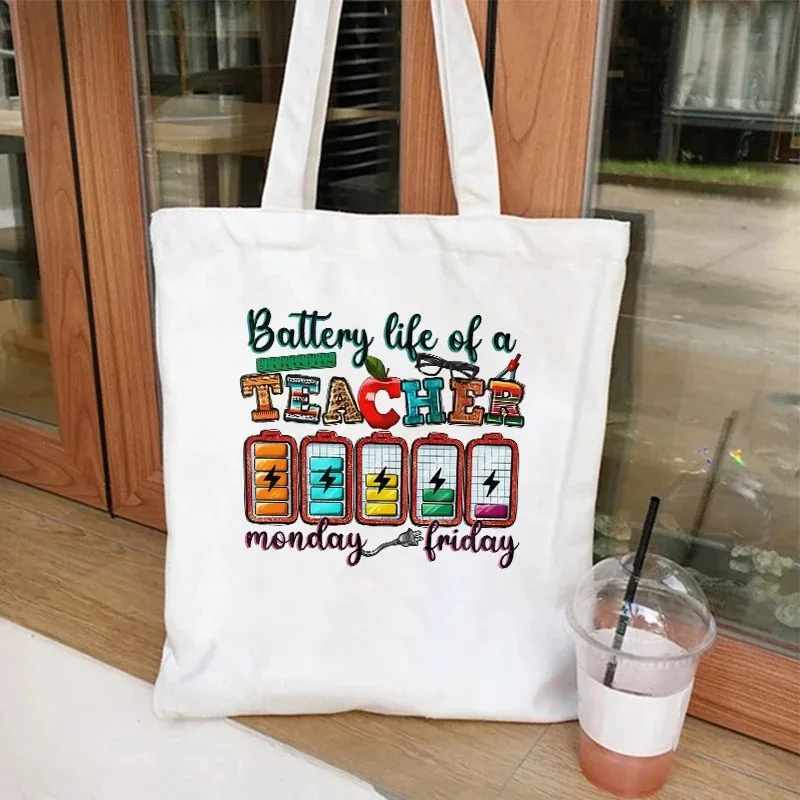 

Battery Life of Teacher Canvas Tote Bag Women's Shopping Bag Fashion Teacher Print Casual Handbag Side Bag for Ladies Totes