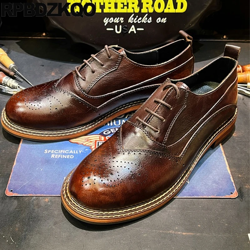 

Oxfords Brown Dress Durable Goodyear Welted Lace Up Real Leather Vintage Flats Cowhide Men Round Toe Shoes Large Size Brogue