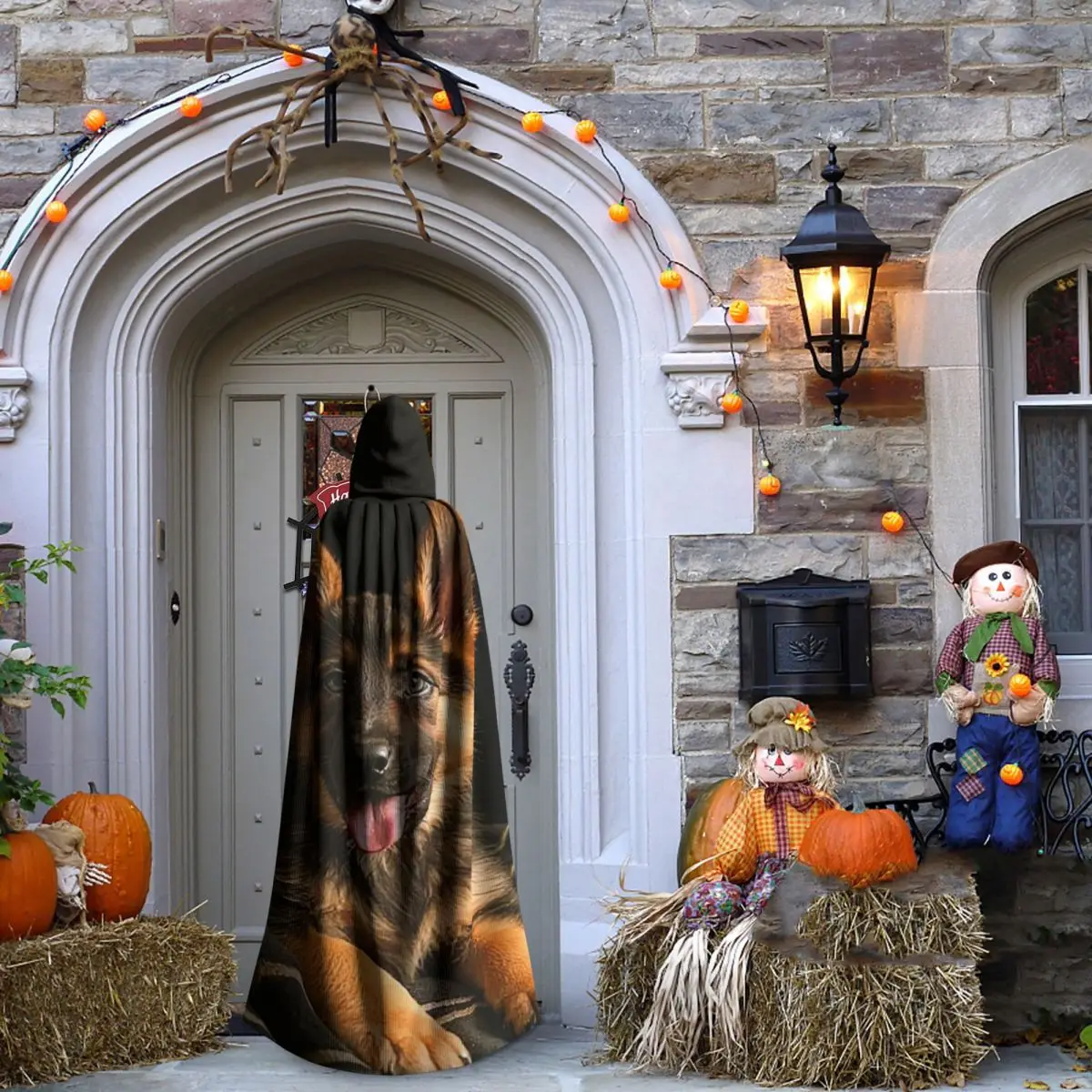 Adorabile pastore tedesco ritratto lungo mantello con cappuccio strega costume medievale mantello cosplay festa di Halloween adulto unisex