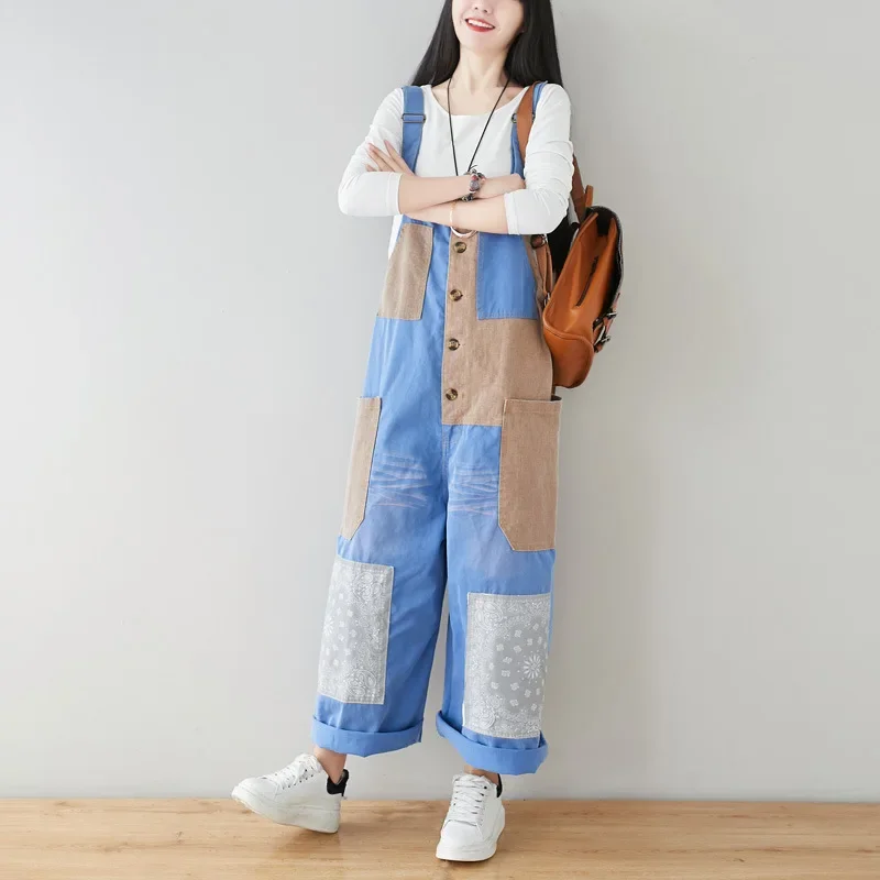 Patchwork Cargo Jean Jumpsuit Suspenders Cowboy Wide Leg Long Pants Baggy Outdoors Denim Rompers Japanese Hiphop Pocket Overalls