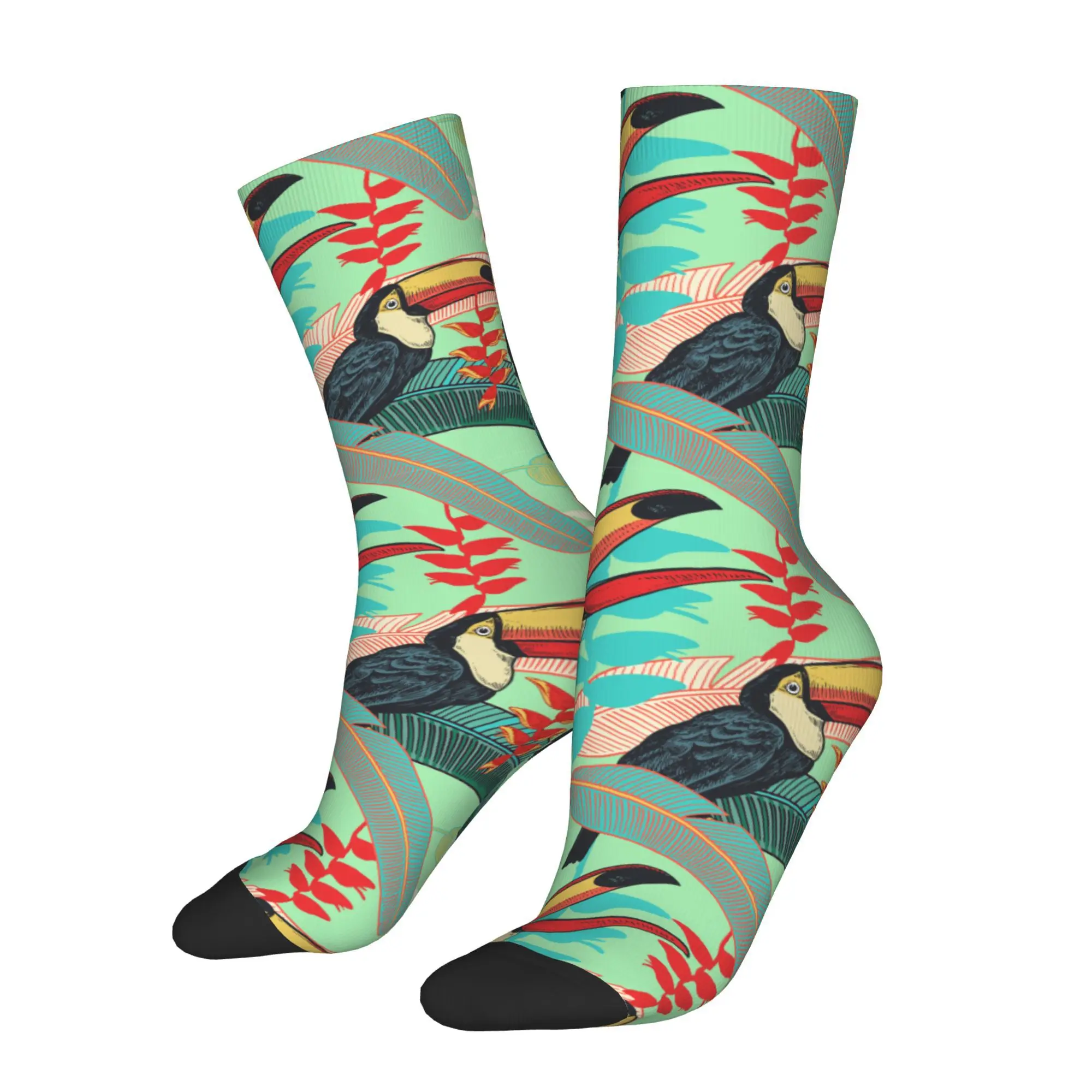 1pc Birds Toucans on Tropical Leaves  Printed Men's Socks Novelty Hip Hop Harajuku Pattern Crew Sock Casual Gift