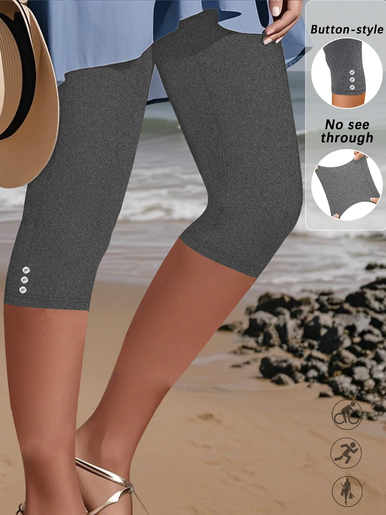 

Women's Super Soft Capri Pants With Side Button Detail, No See Through Workout Running Yoga Athletic Leggings