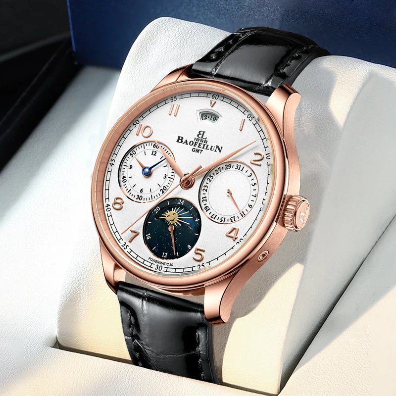 

BAOFEILUN Luxury Automatic Watches for Men 43MM GMT Full Calendar Sapphire Crystal Men Business 50M Waterproof Seagull Movement