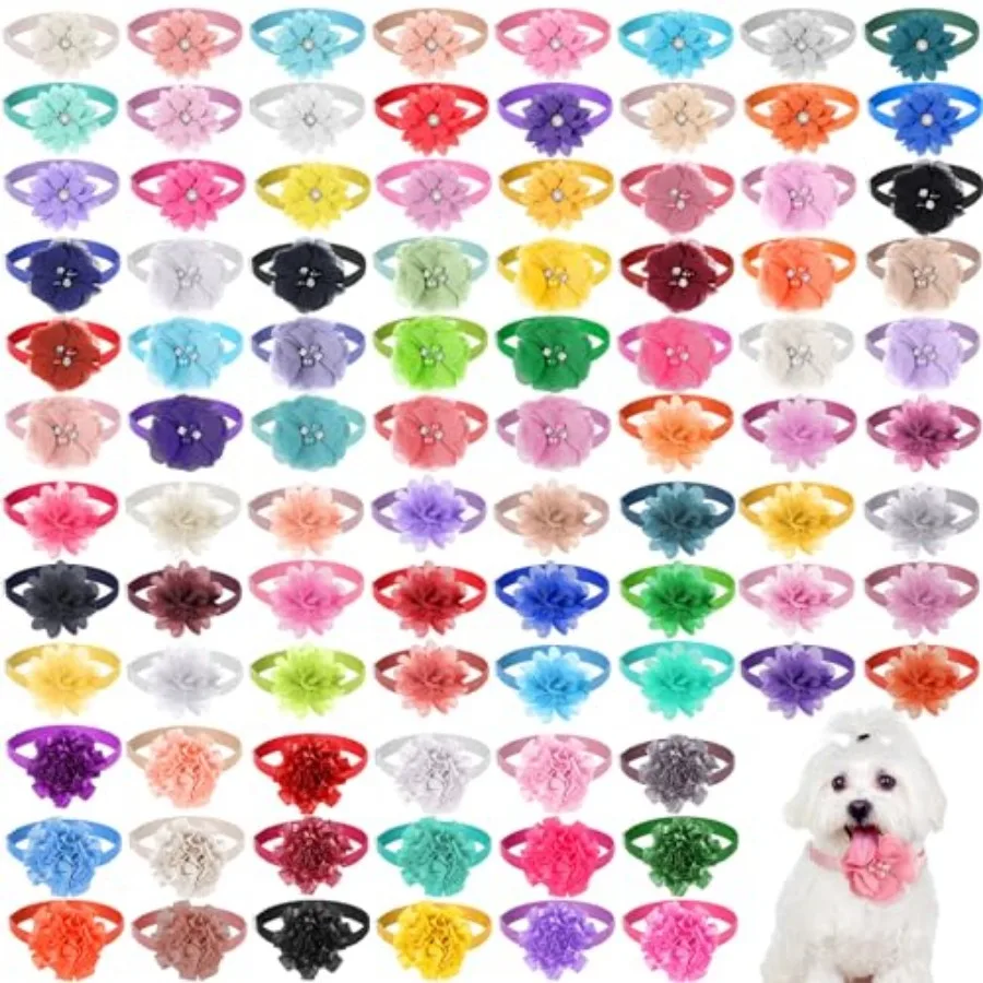 

100 Pcs Dog Collar Flowers Bulk Floral Adjustable Pet Bowties Pet Grooming Accessories for Wedding Birthday Holiday Spring Summ
