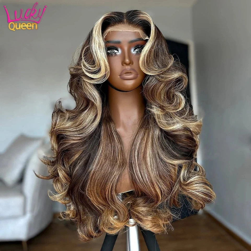 

13X6 Blonde Brown Highlights Brazilian Wigs Pre Plucked For Women Transparent Lace Frontal Body Wave 13X4 Human Hair 180 Density