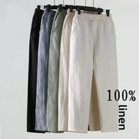 Casual Men's Linen Pants Loose Fit Cotton Linen 3/4 Length Pants Chinese Style Men's Material