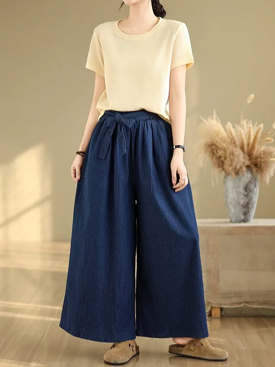 

Летние тонкие джинсы с широкими штанинами, высокой талией, длиной 7/8, из синего денима, с поясом-завязкой, свободные, стройнящие брюки для женщин больших размеров