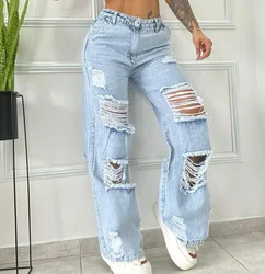 High Street Distressed and Washed Blue Hole Baggy Jeans Y2k Women's Daily Punk Style Harajuku Trousers High-waisted Couple Jeans