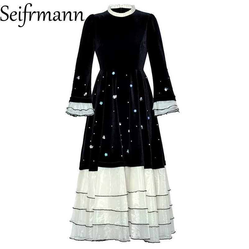 Seifrmann 2026 printemps femmes nouvelle mode col rond à manches longues clou perle tridimensionnelle fleur robe scintillante ﻿