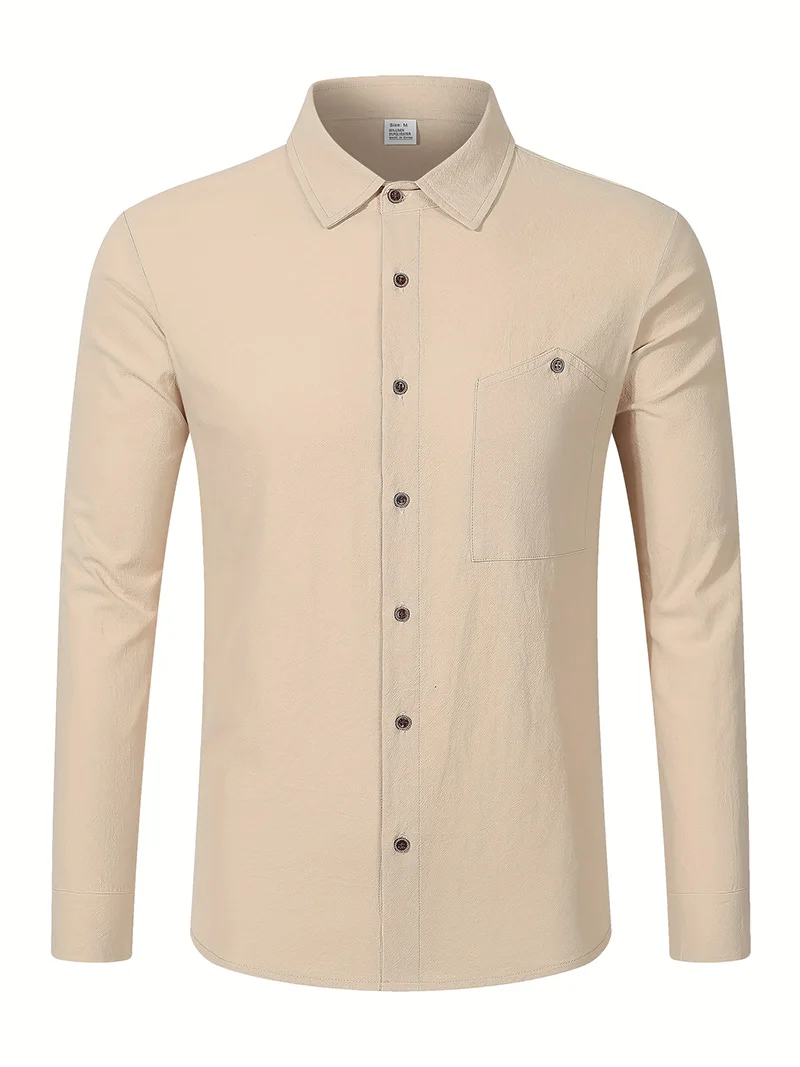 Men Spring Autumn Solid Color Linen Cardigan Lapel Collar Long Sleeve Shirt S56204cee07654b97b7b0ba82bac8b4d2S