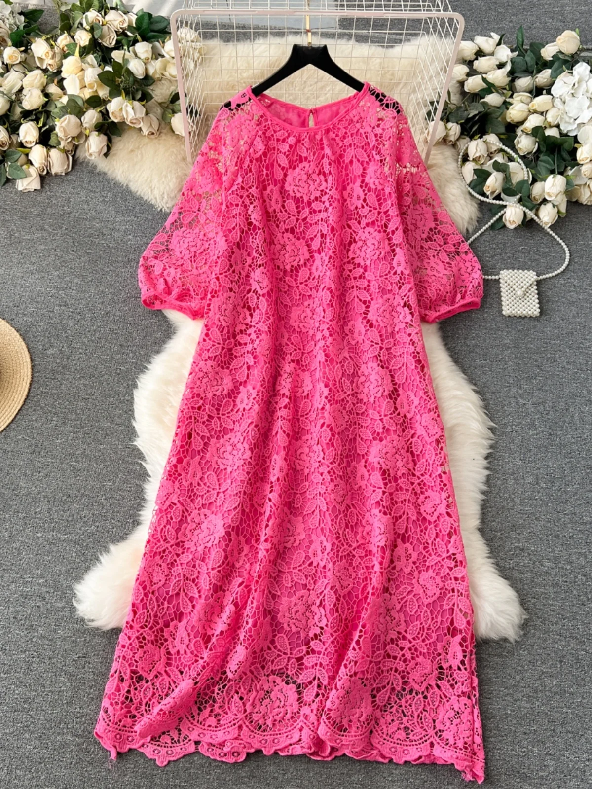 Sweet Lace Dr Women's New 2023 Retro Heavy Embroidery Hollow out Hook Flower Loose Slimming Long Dr Korean Sle Commute