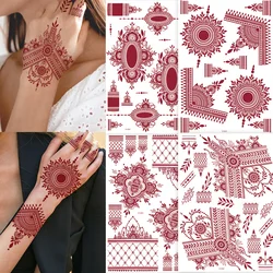 Adesivi per tatuaggi all'henné in pizzo rosso per donne Tatuaggi temporanei marroni impermeabili per mano Tatuaggi finti con design Mehndi per matrimonio