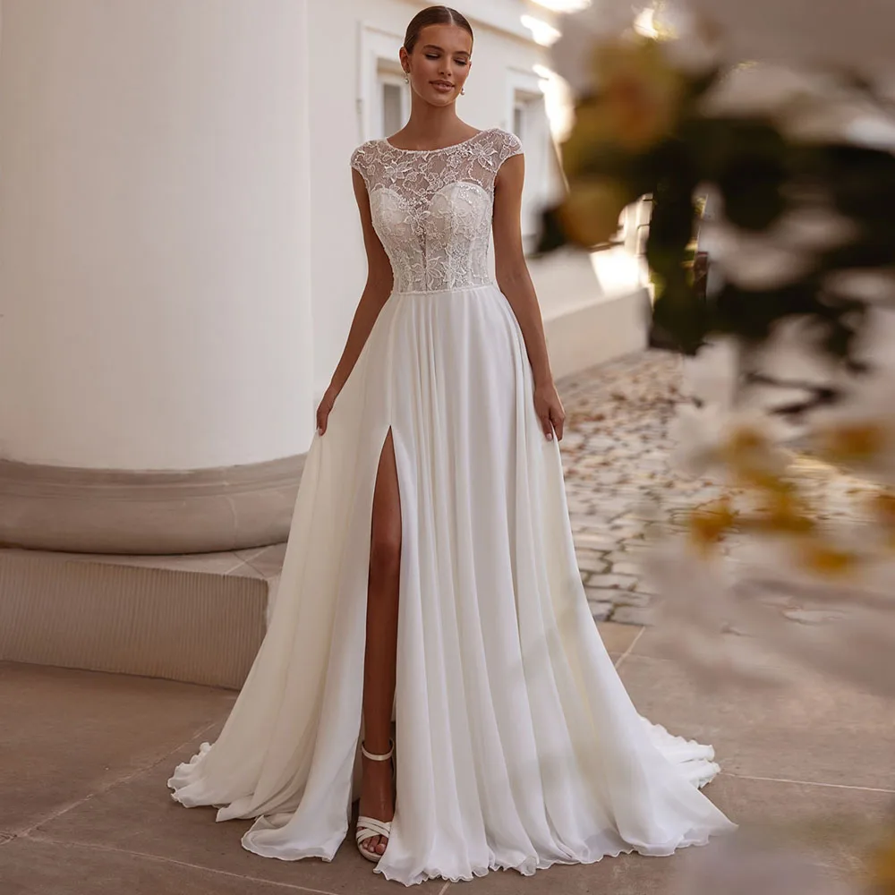 

Women Cap SLeeves Chiffon Beach Wedding Dresses Customized Vestidos De Novia Lace Sequined O-Neck Side Slit Bridal Gowns 2026