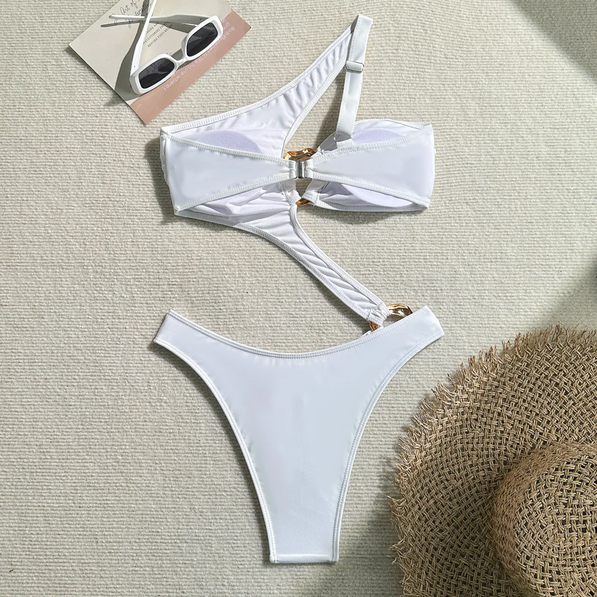 Asymmetric One Shoulder Monokini Cut Out One Piece Swimsuit Women Backless Swimwear Female Metal Ring Bather Bathing Suit Swim