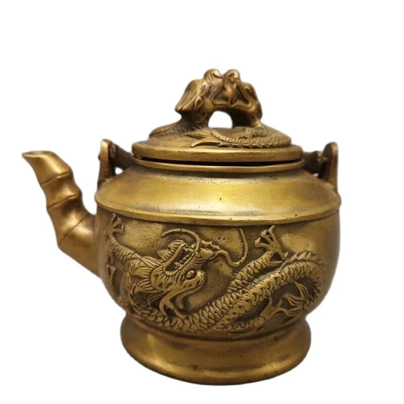 

Chinese Antique Brass Double Dragon Wine Pot Vintage Decorative Kitchenware Collectible Item