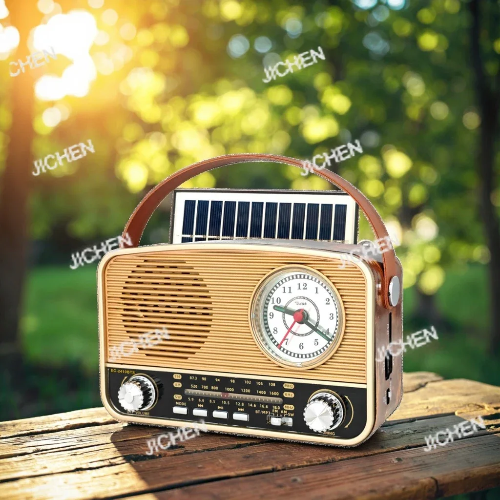 HS Tragbare Vintage-Uhr, Vollband-Solar-Multifunktionsradio, Bluetooth-Player, 2410S