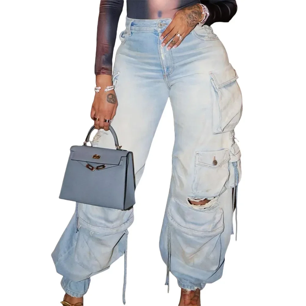 Estilo safári feminino rasgado calças jeans, jeans cargo, calças com cordão, elástico na cintura, multi bolsos, moda, 2023