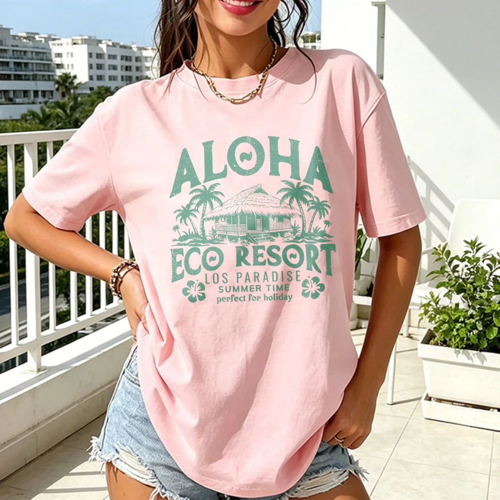 Aloha Eco Resort Graphic Tee Tropical Palm Hut Summer Holiday Vacation Destination Unisex Tops Summer Seaside Casual Cotton Tees