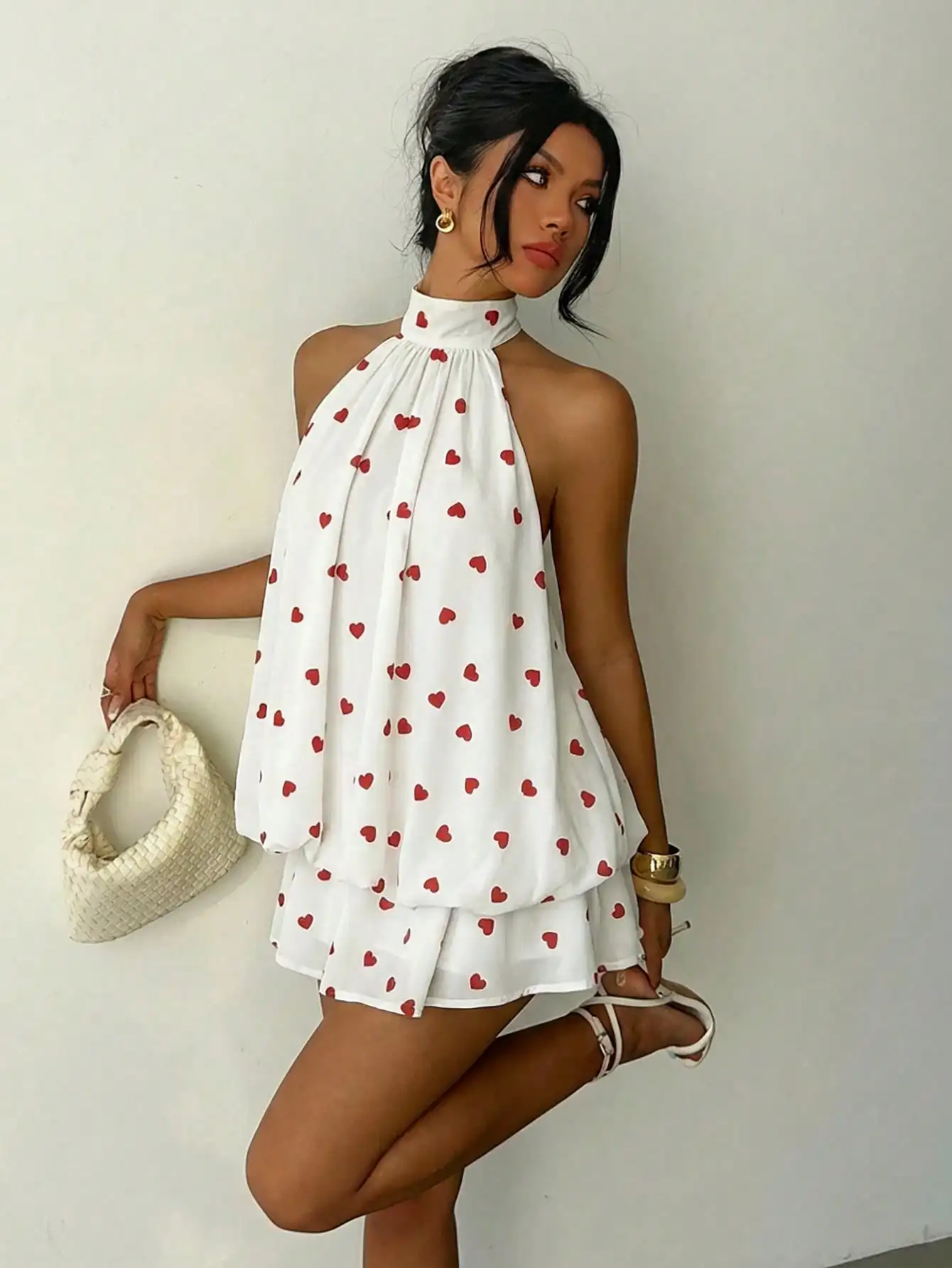 

Women's White Heart Print Halter Neck Backless Mini Dress with Ruffle Layers