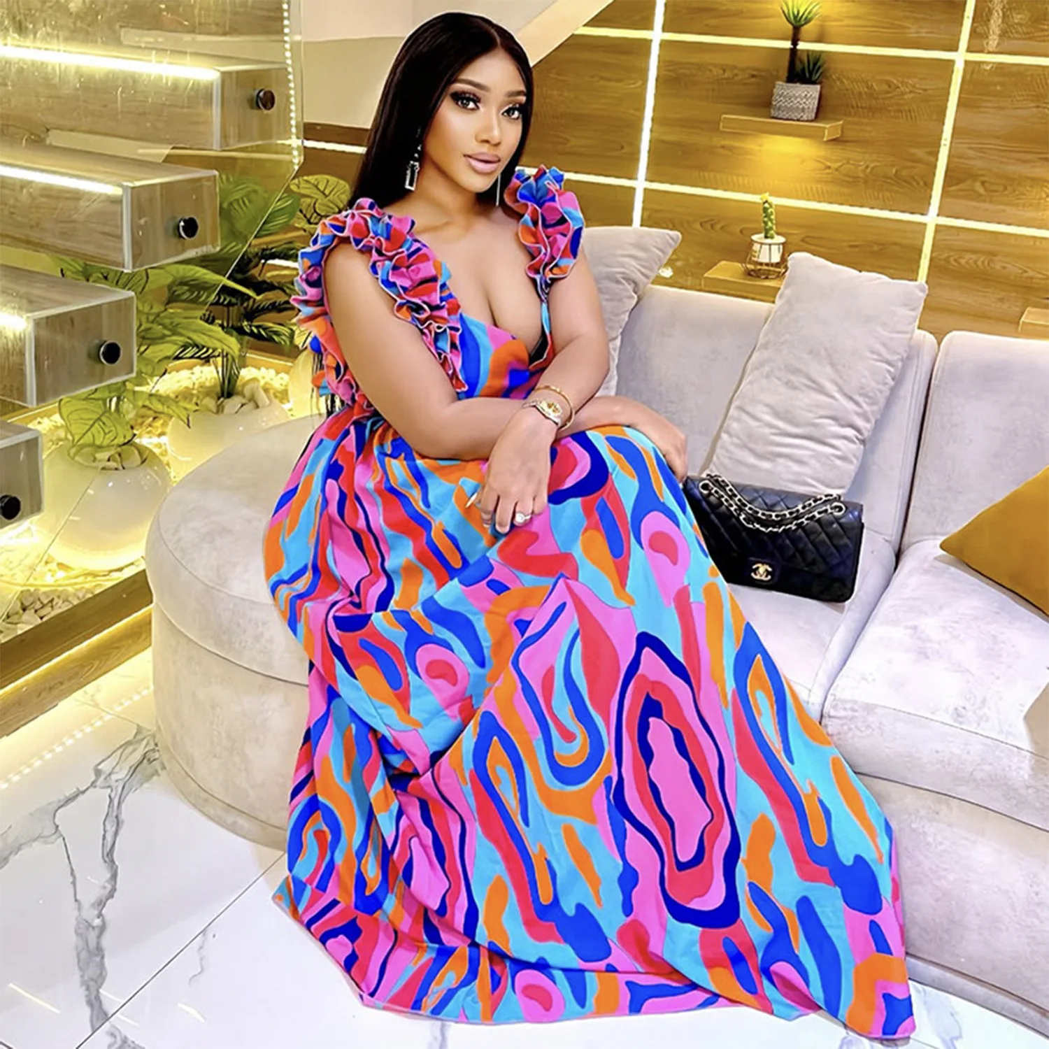 تخصيص المرأة الكبار مزاجه الأزياء الأوروبية والأمريكية أنيقة تكدرت حزام الكتف فستان سهرة مطبوع #4