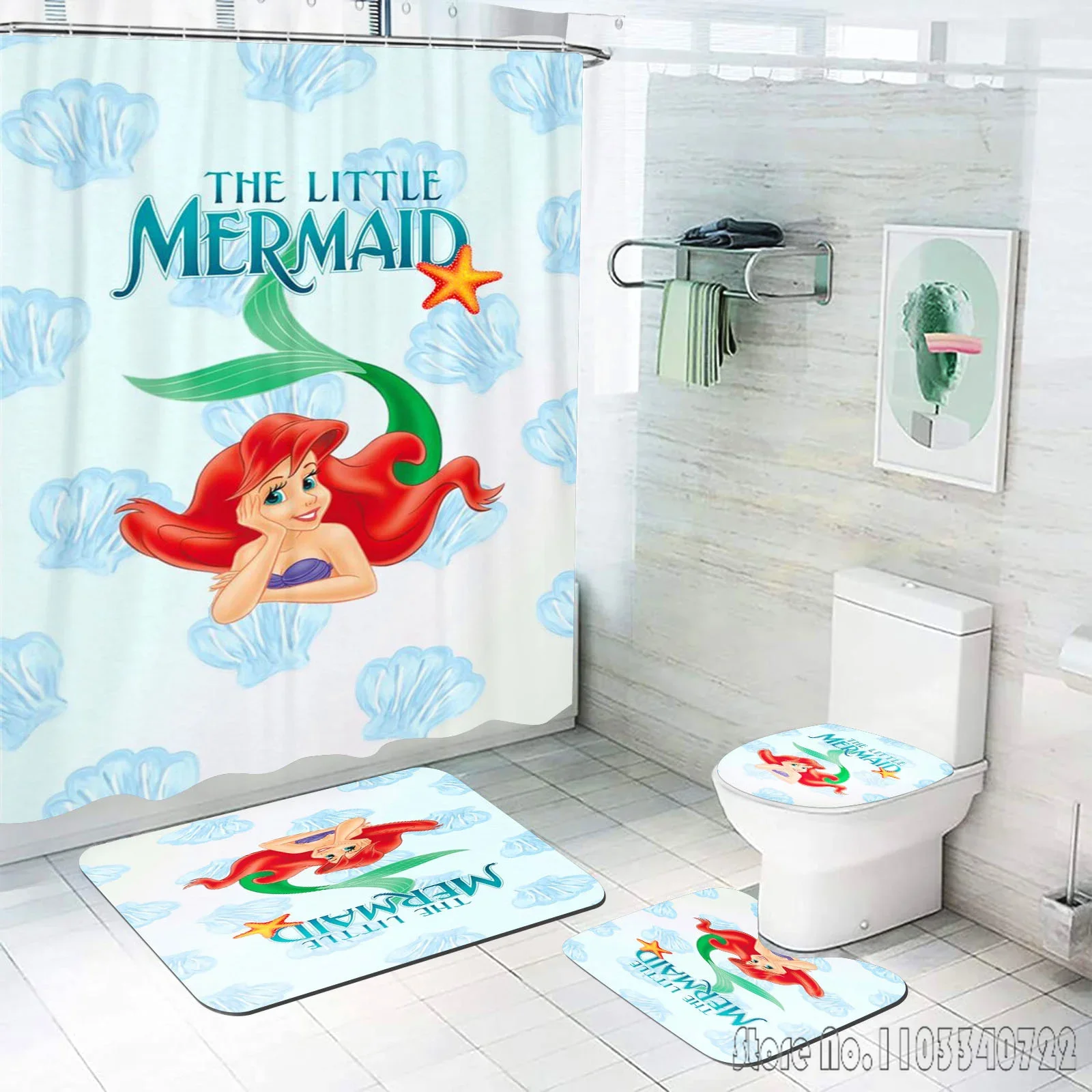 Mermaid Ariel Bathroom Accessories Shower Curtain Anime 4 Piece Set Mats And Curtains For Living Room Decor Sets Luxury Cute