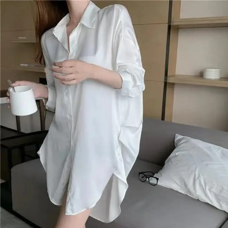 White Long Sleeve Sleepshirt Female Shirt Nightgown Nightwear Summer Nightdress Lingerie Satin Bathrobe Home Wear Loungewear