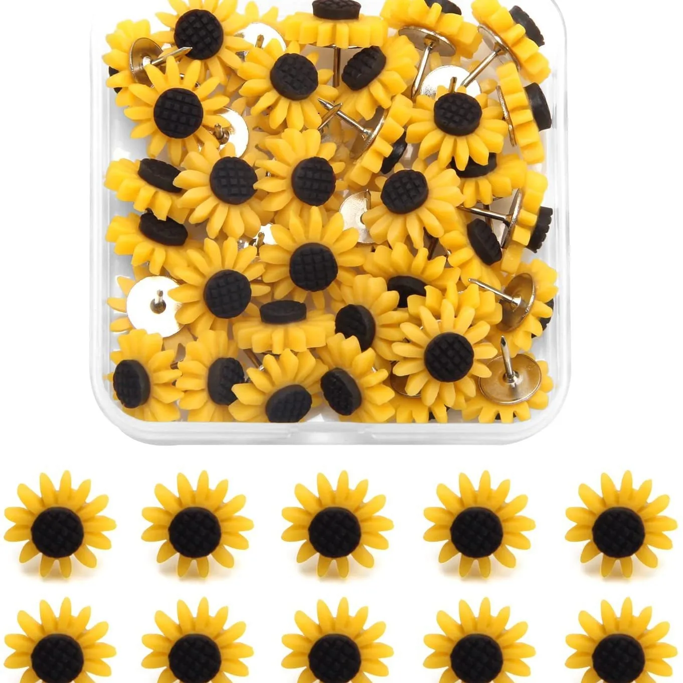 Bview Art 30/50 قطعة من دبابيس الإبهام بتصميم عباد الشمس الإبداعية - دبابيس ضغط مزخرفة برأس مسطح لمستلزمات لوحة الإعلانات المكتبية