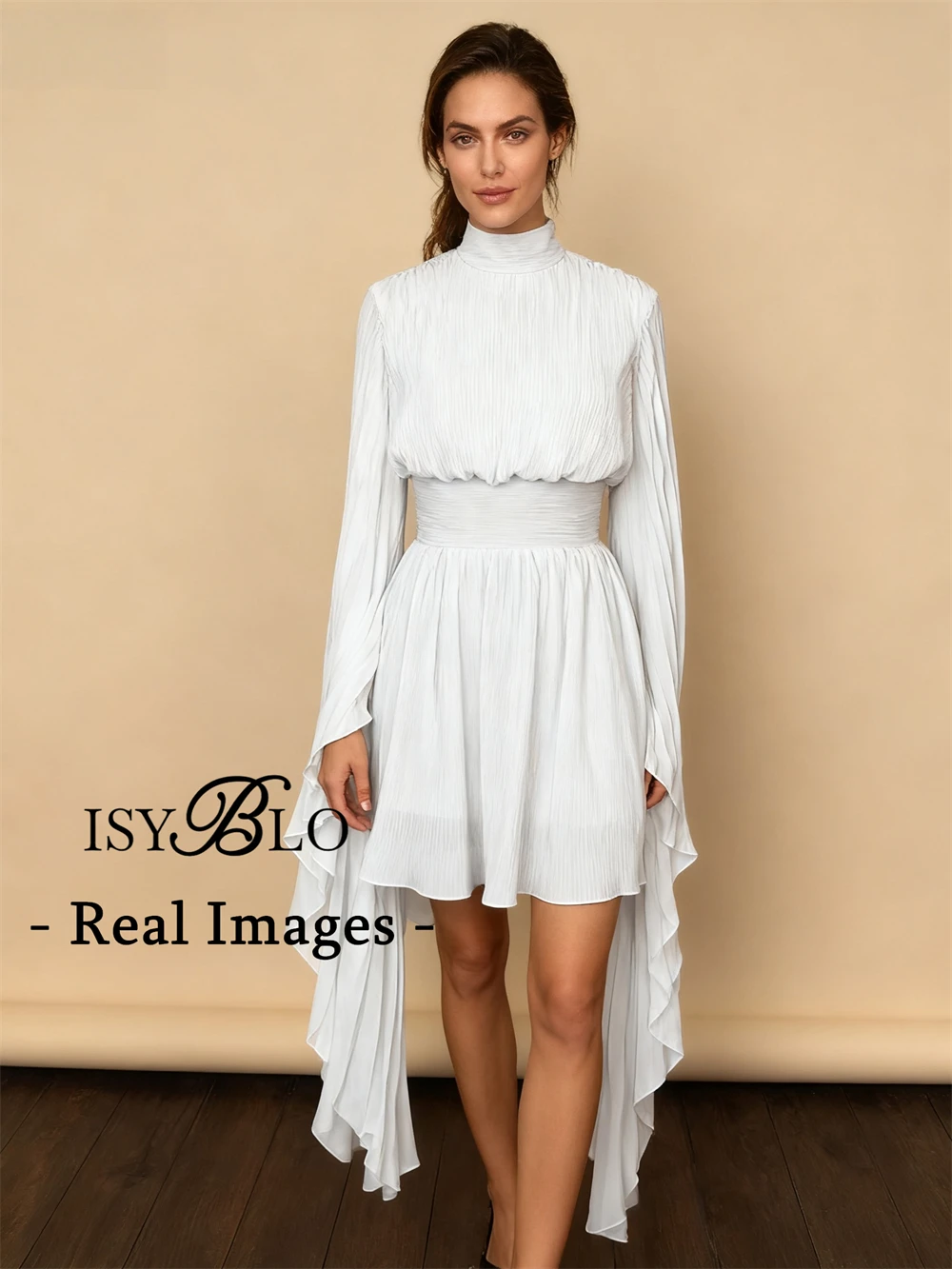 

100+ Colors Customized Women's Short Dress, High Neck Pleated Dresses with Real Images Knee Length Formal Party Gowns