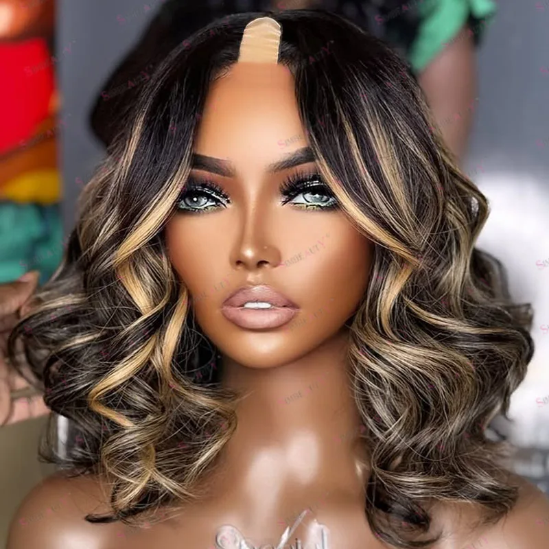

Natural Short Bob Loose Wave Highlight Brown Blonde Remy Human Hair Cheapest 1x4 Opening U Part Wigs for Black Women Thick Ends