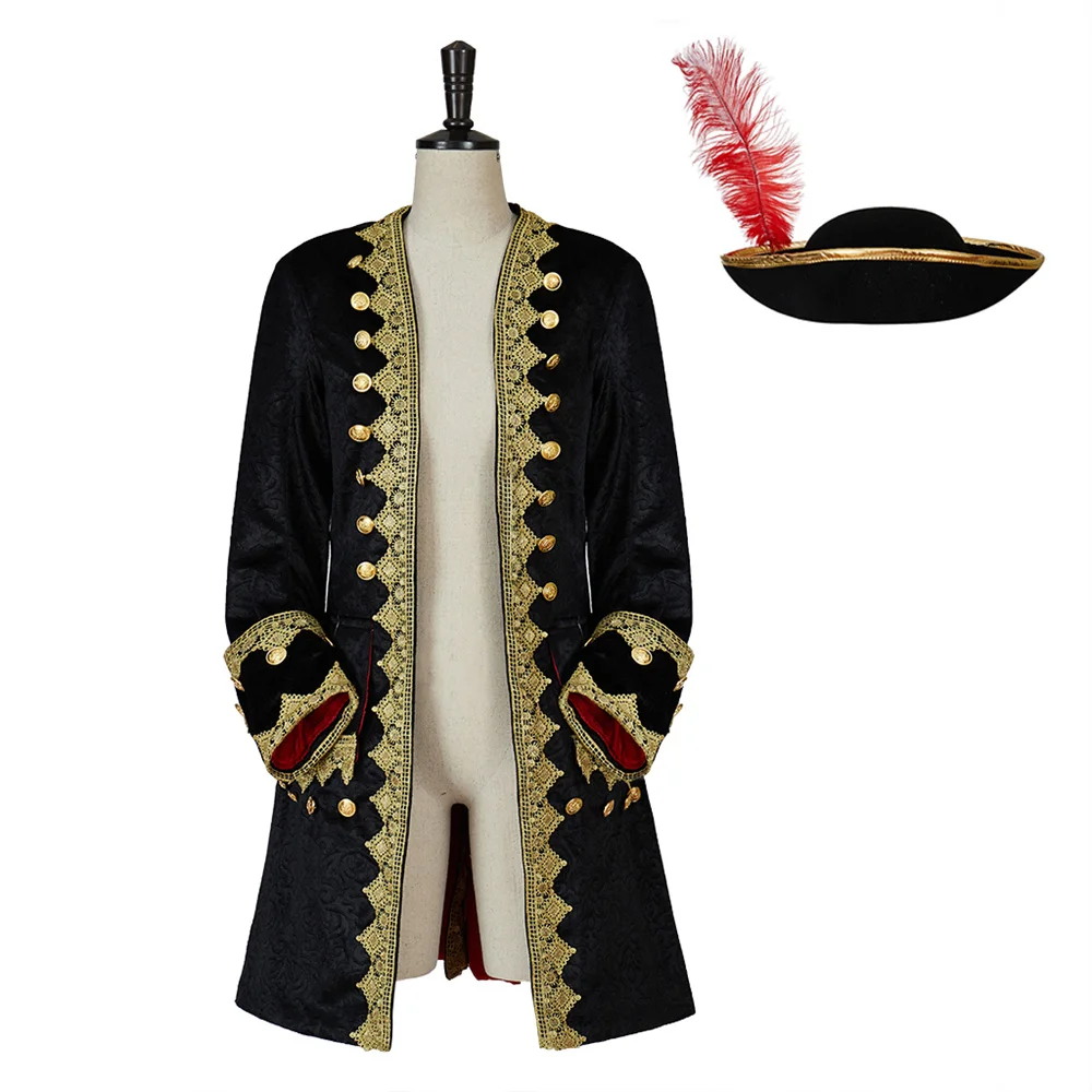 Vintage Renaissance Men's Coat with Hat Medieval Colonial Rococo Uniform Tailcoat Regency Party Stage Performance Outfits