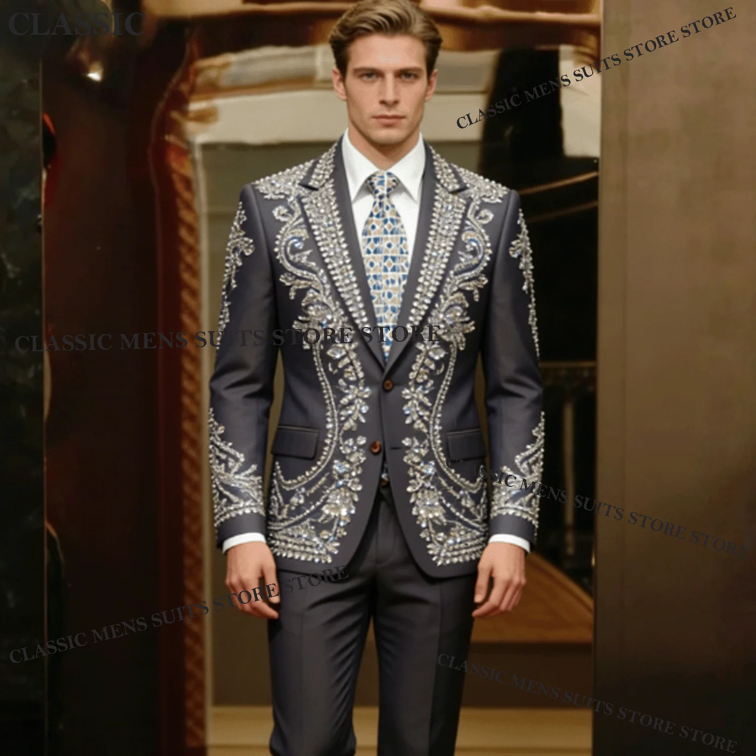 

Customized Fashion Rhinestone Men Suit Elegant Diamond Paillette Evening Tuxedos Slim Ropa hombre 2 Pieces Sets Groom Male Blaze