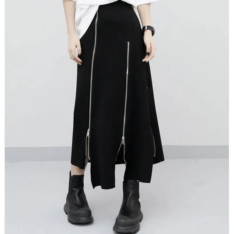 

Women's Black Maxi Skirt With Zipper Detail Asymmetric Hem High Waist Loose Fit Casual Streetwear For Daily Wear