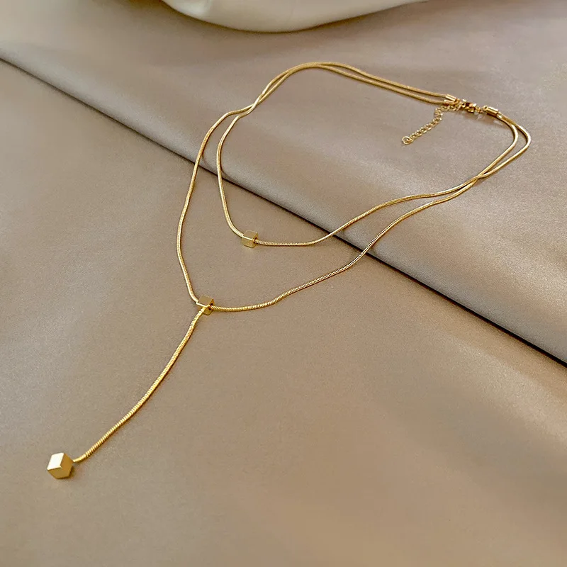 316L Stainless Steel New Fashion Fine Jewelry Minimalism 2 Layers Cube Tassel Charms Chain Choker Necklaces & Pendants For Women