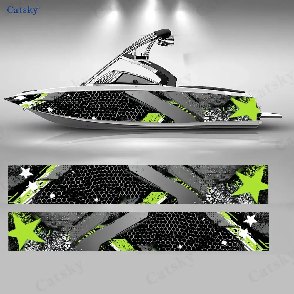 2Pcs Green-Black Star Industrial Boat Stickers, PVC Waterproof Vinyl Wrap Decals for Fishing Boats, Durable and Stylish Design
