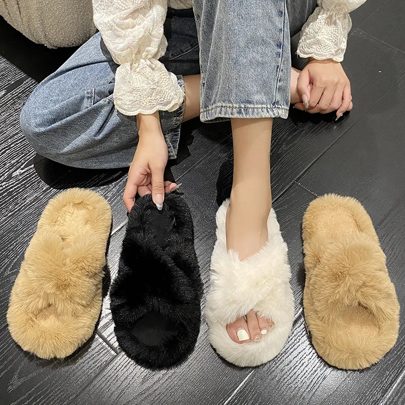 Autumn Winter Cross Hair Slippers For Women Non-slip Plush Cotton Warm Open Toed Hairy Home Shoes