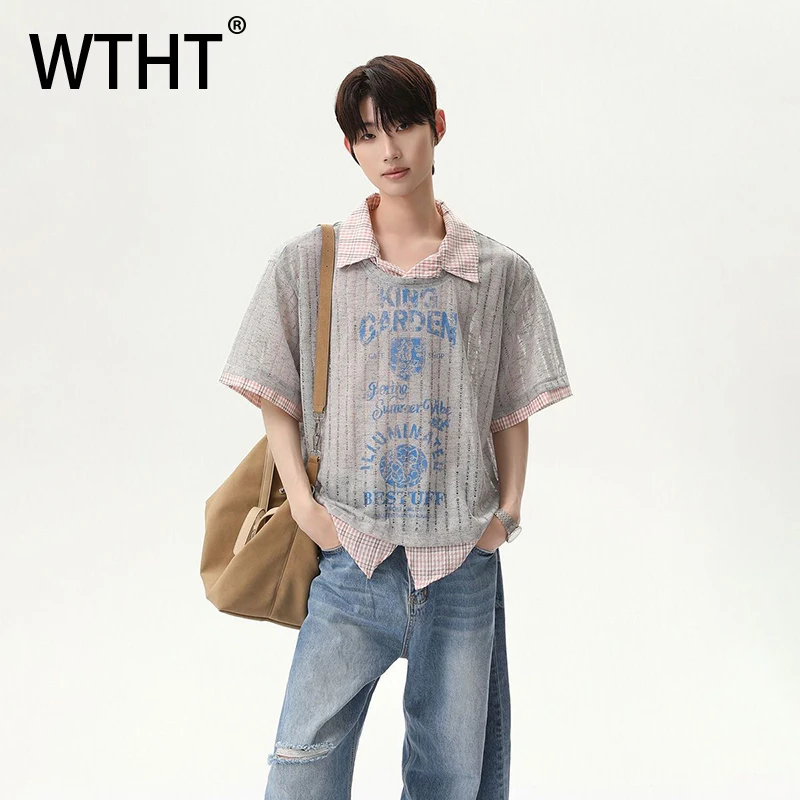 

WTHT Trendy Men's Fake Two-pieve Letter Print Design Casual T-shirts Fashion 2025 Summer Lapel Short Sleeves Tops Male 2A1141