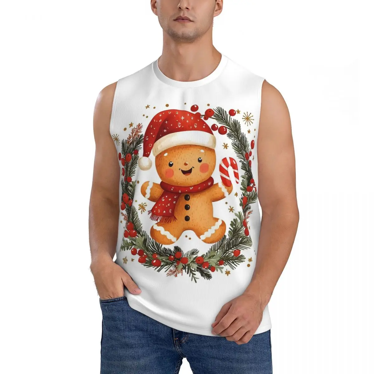 Holly Jolly Gingerbread Men Sleeveless Tank Tops Quick Dry Breathable Gym Fitness Running Summer Casual Sport Vest