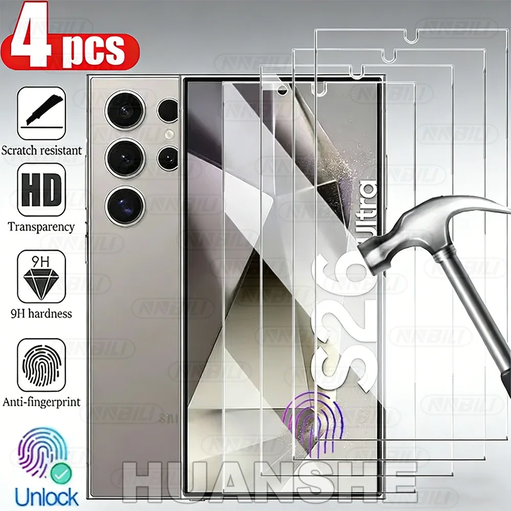 4PCS Full Cover Tempered Glass HD Fingerprint Screen Protector for Samsung Galaxy S26 Ultra S25 Plus S24