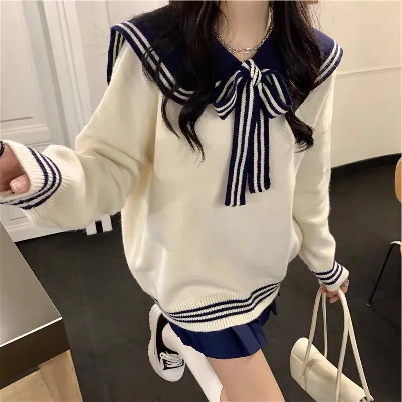 

New Vintage Elegant Knitted Sweater Women Sailor Collar Pullover Preppy Style Lace Up Loose Autumn Winter Female Jumper Casual